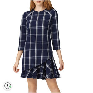 Shoshanna Women's Aldora Dress Size 4 Navy Blue White Plaid 3/4 Sleeve Ruffle